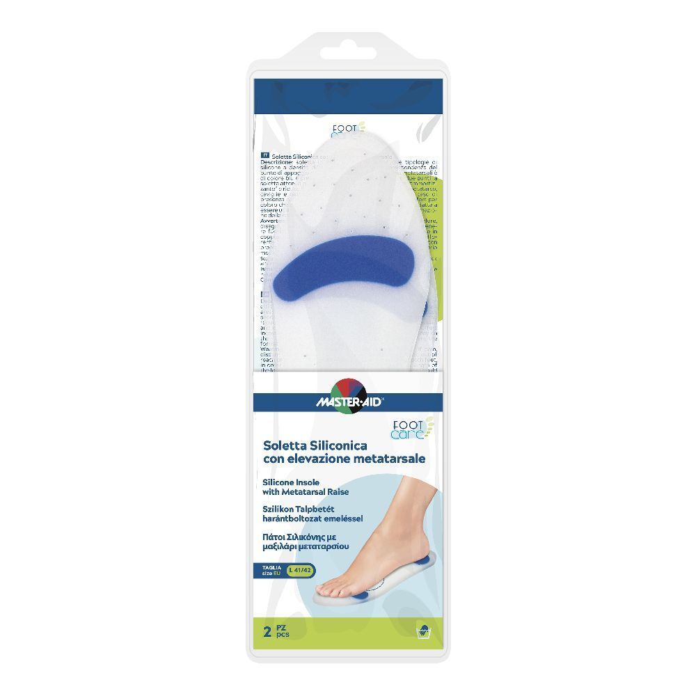 Confezione di Soletta Siliconica. Soletta in silicone blu con rialzo metatarsale. Taglia L, EU 41/42. Due pezzi.
