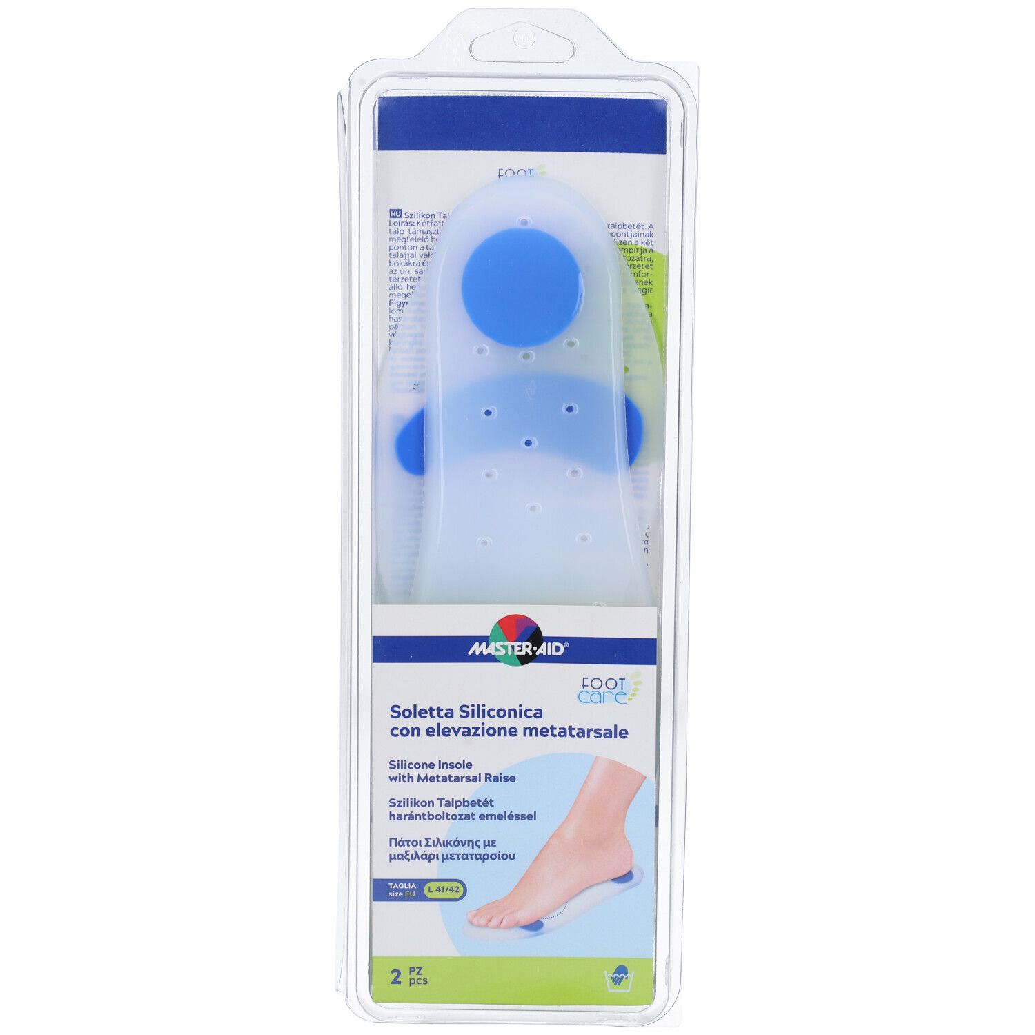 Soletta in silicone blu con rialzo metatarsale. Taglia L, EU 41/42. Due pezzi. Confezionata in plastica trasparente.
