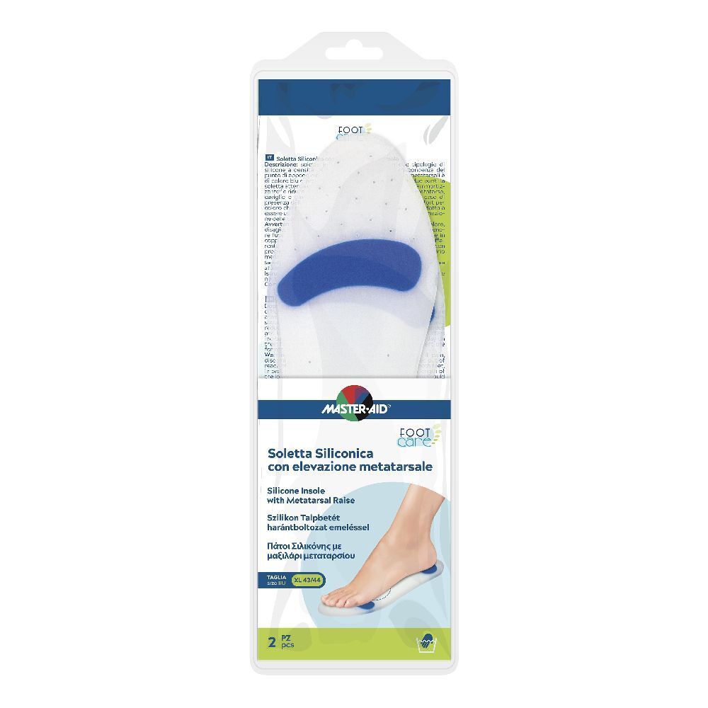 Confezione soletta in silicone. Dettagli blu. Marchio Master Aid. Testo: Soletta Siliconica. Taglia XL, EU 43/44.