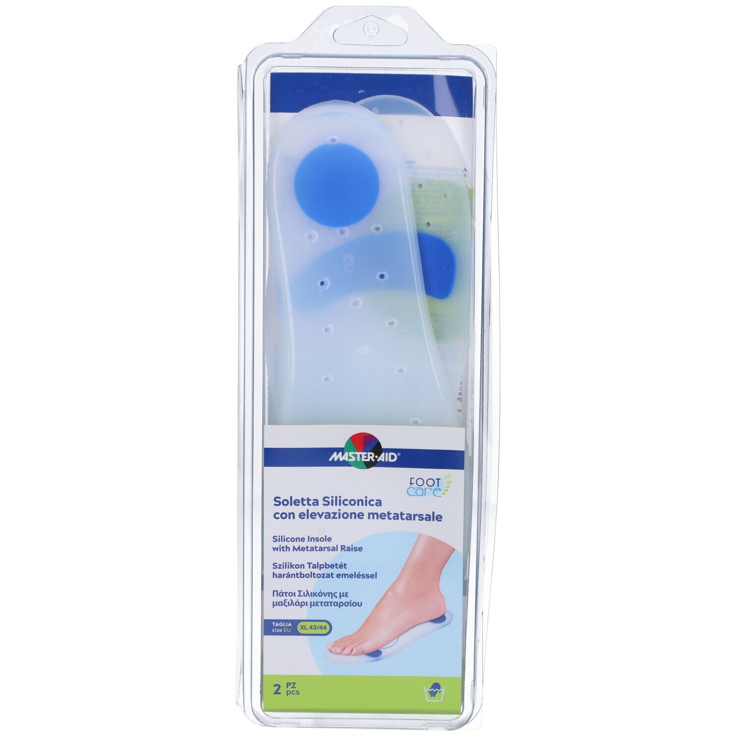 Confezione soletta in silicone. Dettagli blu. Marchio Master Aid. Testo: Soletta Siliconica. Taglia XL, EU 43/44.