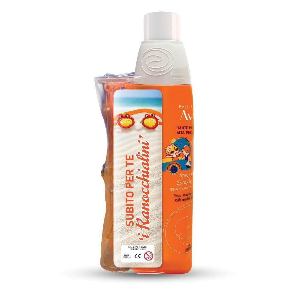 Spray solare, flacone arancione con tappo bianco. Etichetta con testo e illustrazioni. Marchio CE.