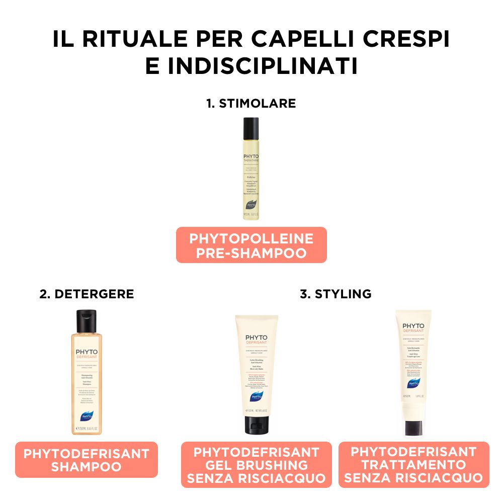 Drei Produkte: Shampoo, Gel, Behandlung. Text: IL RITUALE PER CAPELLI CRESPI E INDISCIPLINATI.