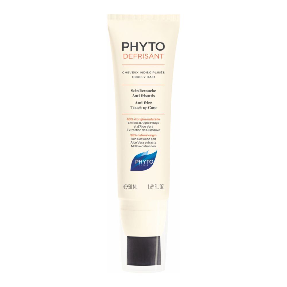 Creme-Tube mit schwarzem Verschluss. Aufschrift: PHYTO DÉFRISANT, Anti-Frizz. Enthält 50 ml.