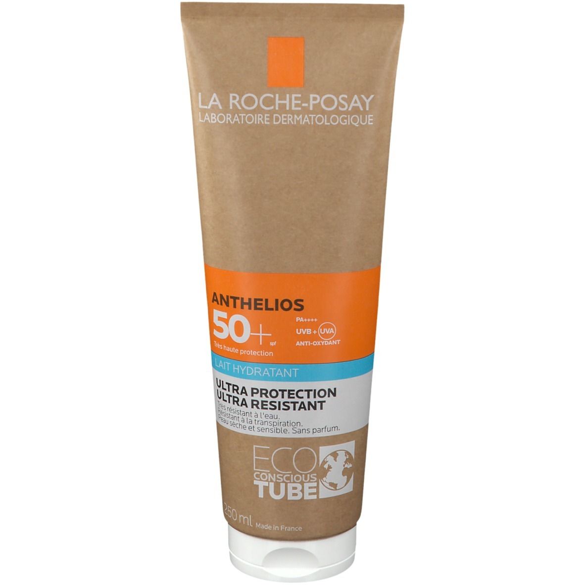 Tubo di crema solare La Roche-Posay Anthelios LSF 50+. Tubo marrone con fascia arancione e blu. Tappo bianco.