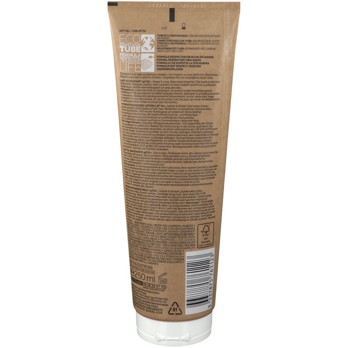 Retro del tubo di crema solare La Roche-Posay Anthelios. Testo su sfondo marrone. Tappo bianco. 250 ml.