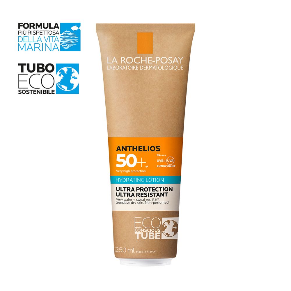Tubo di crema solare La Roche-Posay Anthelios LSF 50+. Tubo marrone con fascia arancione e blu. Tubo eco.