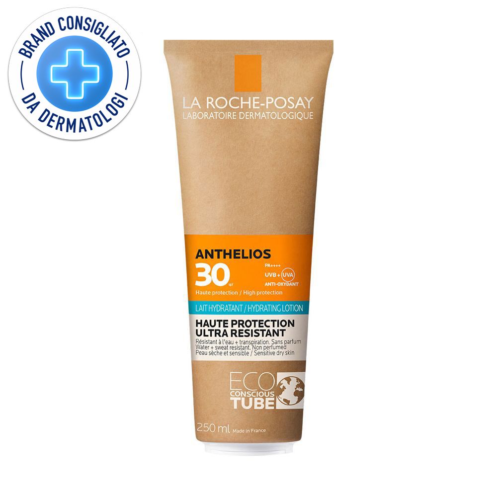 Tubo di crema solare con accento arancione. Scritta: Anthelios 30, Lait Hydratant. Logo: Brand Consigliato da Dermatologi.