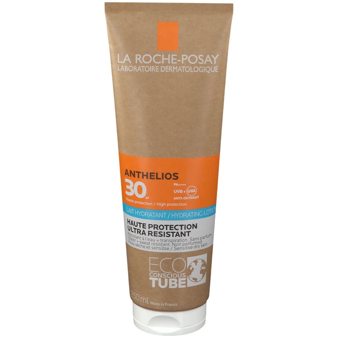 Tubo di crema solare con accento arancione. Scritta: Anthelios 30, Lait Hydratant. Logo: Eco Conscious Tube.