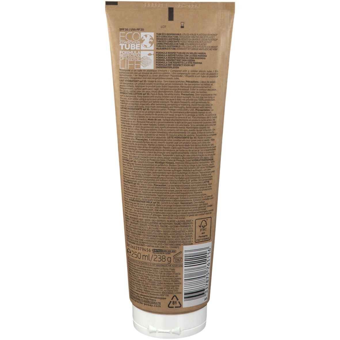 Retro di un tubo di crema solare. Testo e loghi su sfondo marrone. Scritta: 250ml/238g.