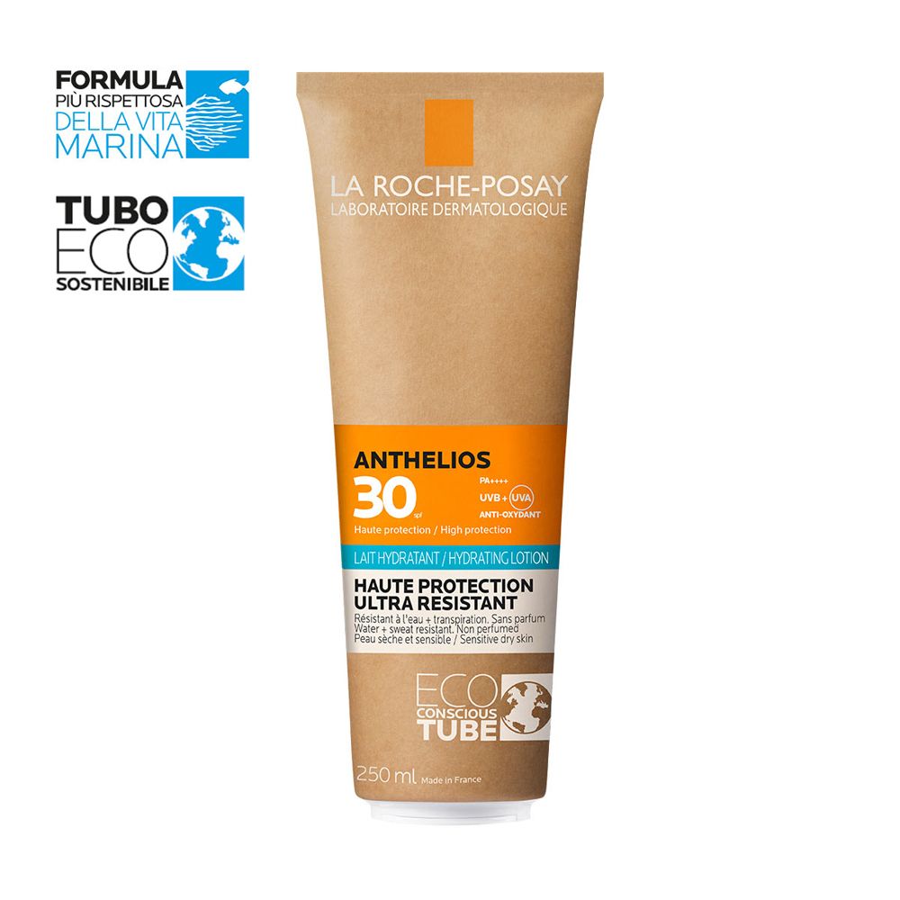 Tubo di crema solare con accento arancione. Scritta: Anthelios 30, Lait Hydratant. Logo: Tubo Eco Sostenibile.