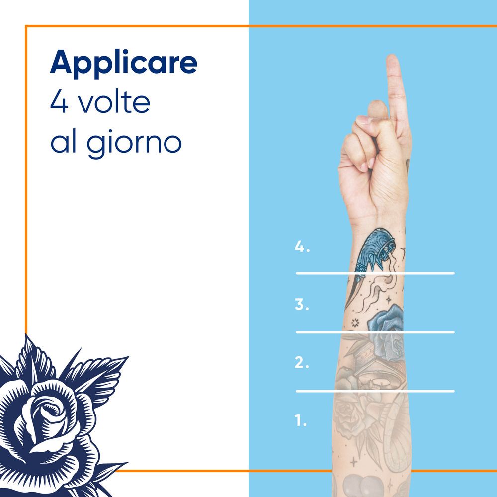 Hand mit Tattoo, nummeriert. Anwendung: 4 mal täglich. Blaue Rose-Illustration.