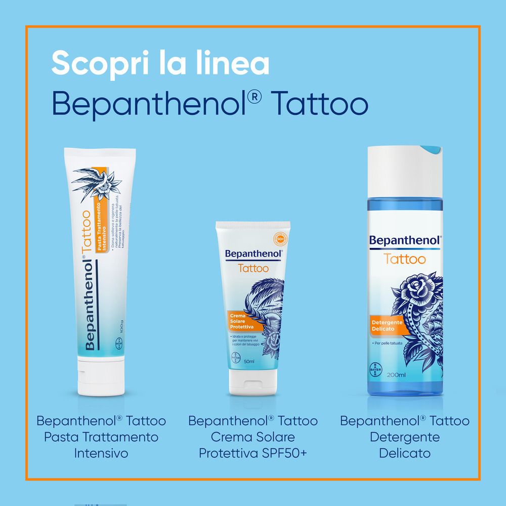 Drei Bepanthenol Tattoo Produkte. Pasta Trattamento Intensivo, Crema Solare SPF50+, Detergente Delicato.