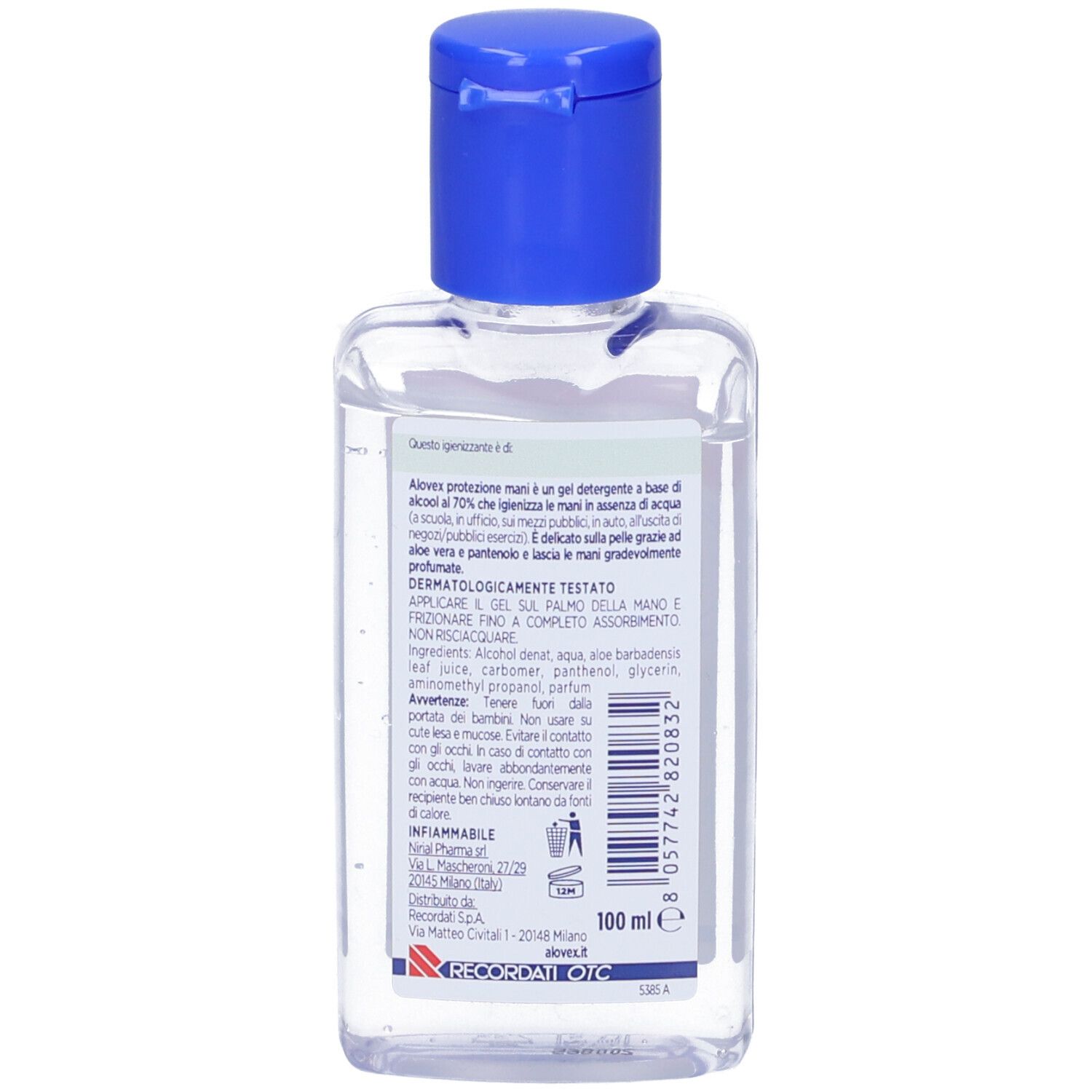 Retro di un flacone trasparente con tappo blu. Etichetta con testo e informazioni sul contenuto.