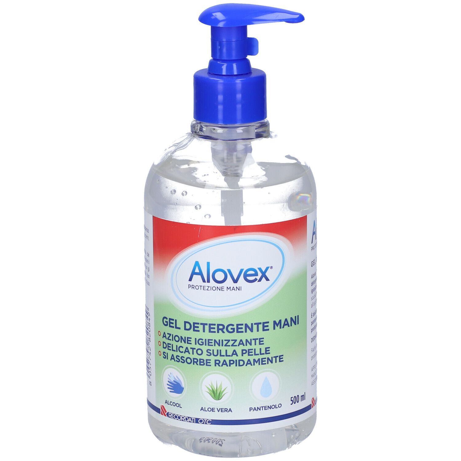 Flacone trasparente con erogatore blu. Etichetta con nome prodotto e ingredienti. Gel disinfettante mani.