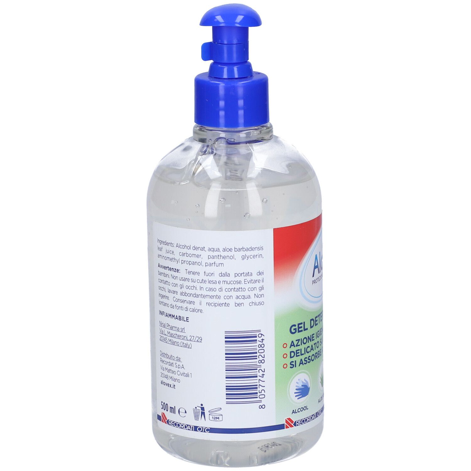 Flacone trasparente con erogatore blu. Etichetta con nome prodotto e ingredienti. Gel disinfettante mani.