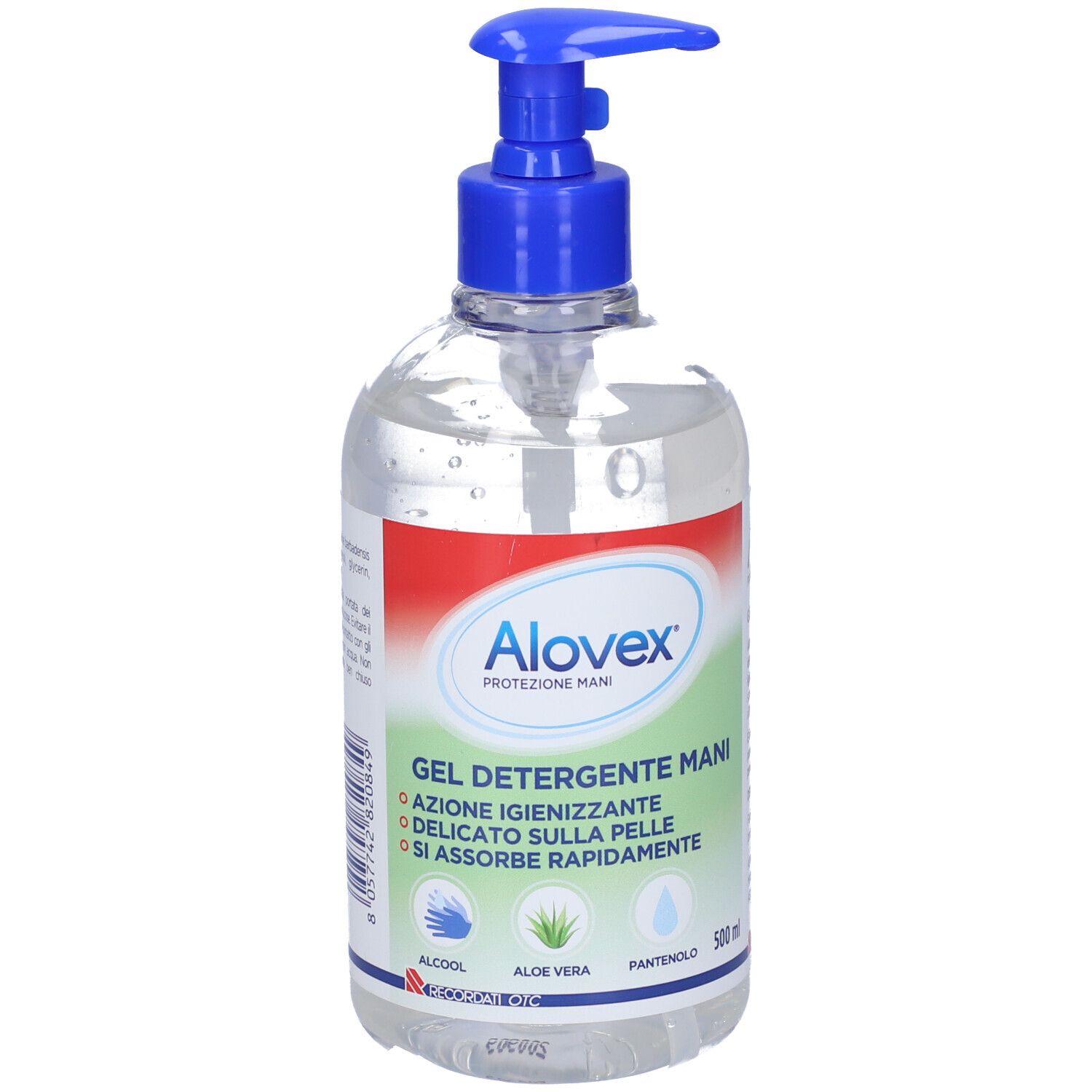 Flacone trasparente con erogatore blu. Etichetta con nome prodotto e ingredienti. Gel disinfettante mani.