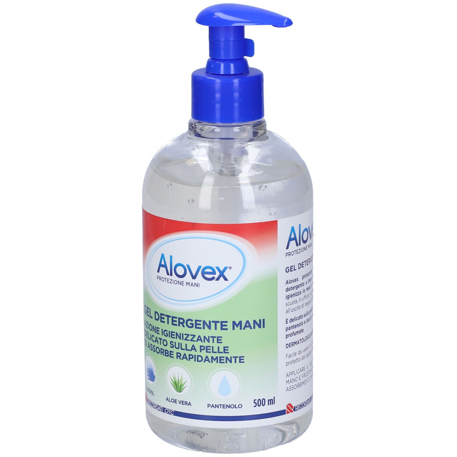 Flacone trasparente con erogatore blu. Etichetta con nome prodotto e ingredienti. Gel disinfettante mani.