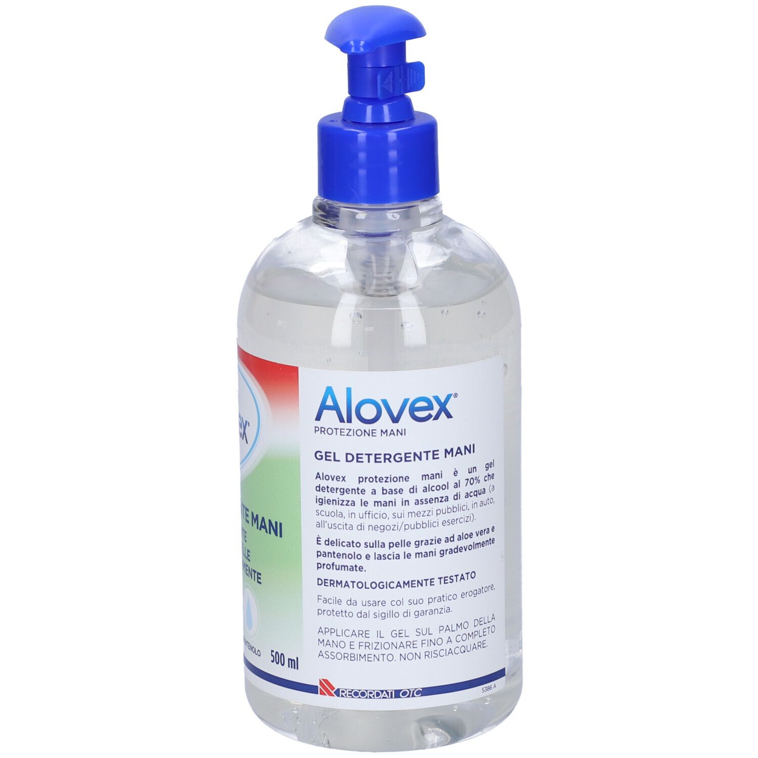 Flacone trasparente con erogatore blu. Etichetta con nome prodotto e ingredienti. Gel disinfettante mani.
