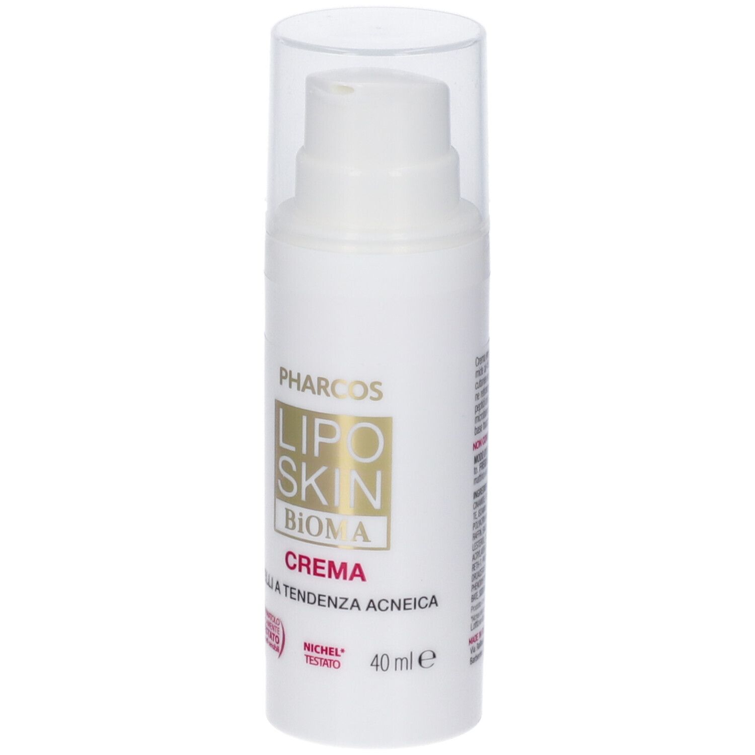 Pharcos Lipo Skin Bioma Creme für zu Akne neigende Haut, 40 ml, mit Verpackung, Seitenansicht.