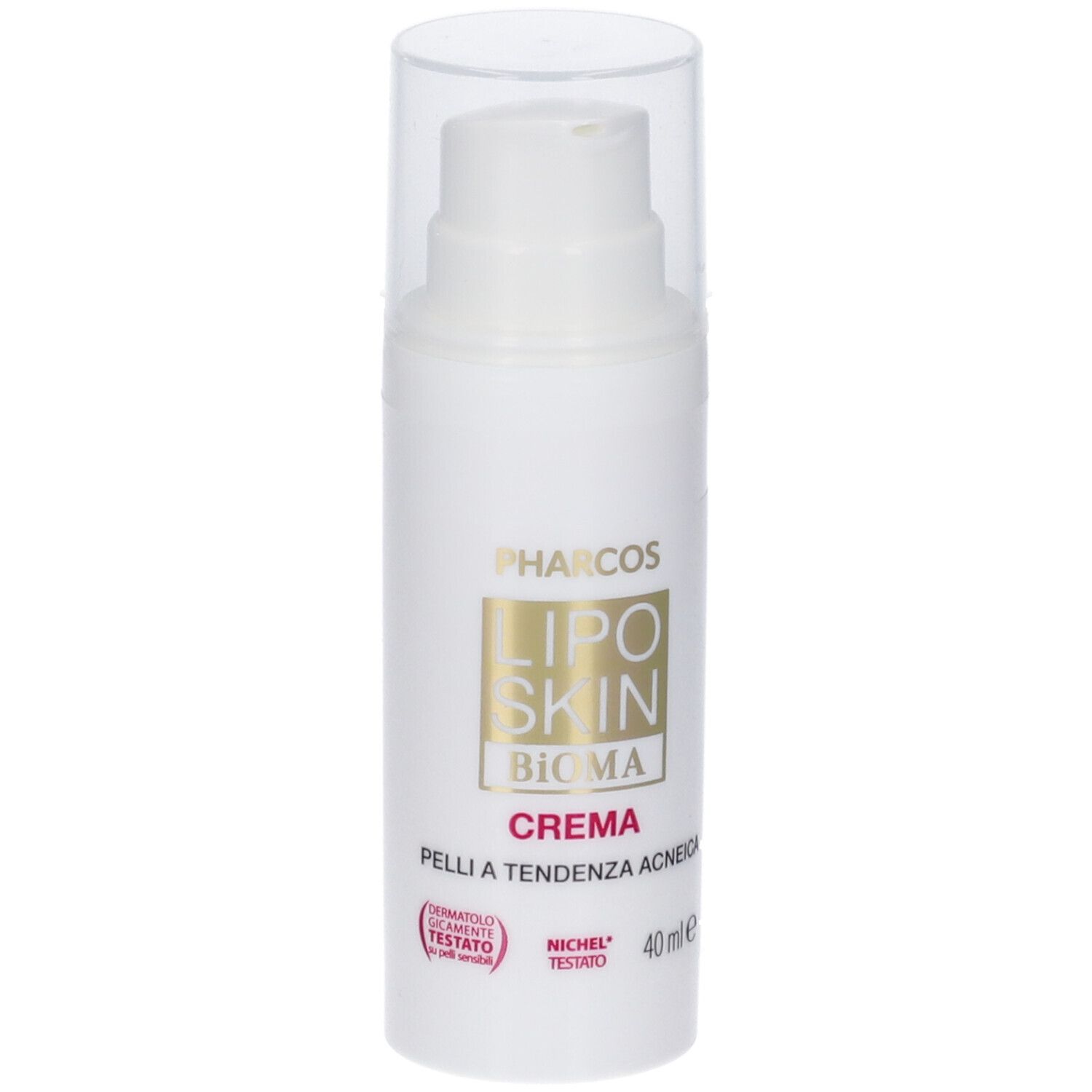 Pharcos Lipo Skin Bioma Creme für zu Akne neigende Haut, 40 ml, mit Verpackung, Rückansicht.