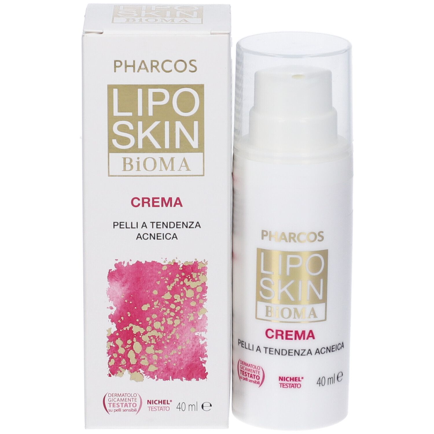 Pharcos Lipo Skin Bioma Creme für zu Akne neigende Haut, 40 ml, Rückansicht mit Verpackung.