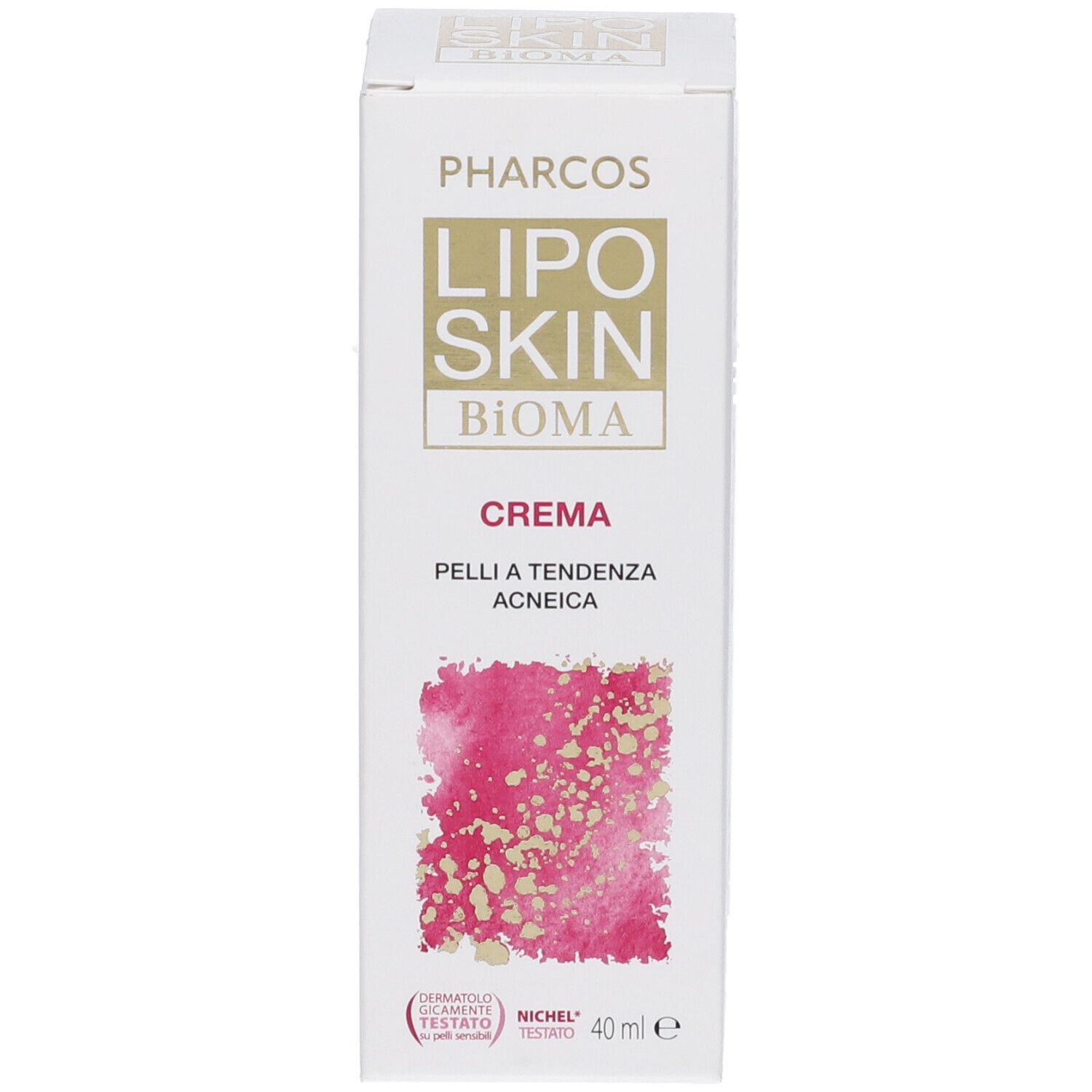 Pharcos Lipo Skin Bioma Creme für zu Akne neigende Haut, 40 ml, mit Verpackung, Vorderansicht.