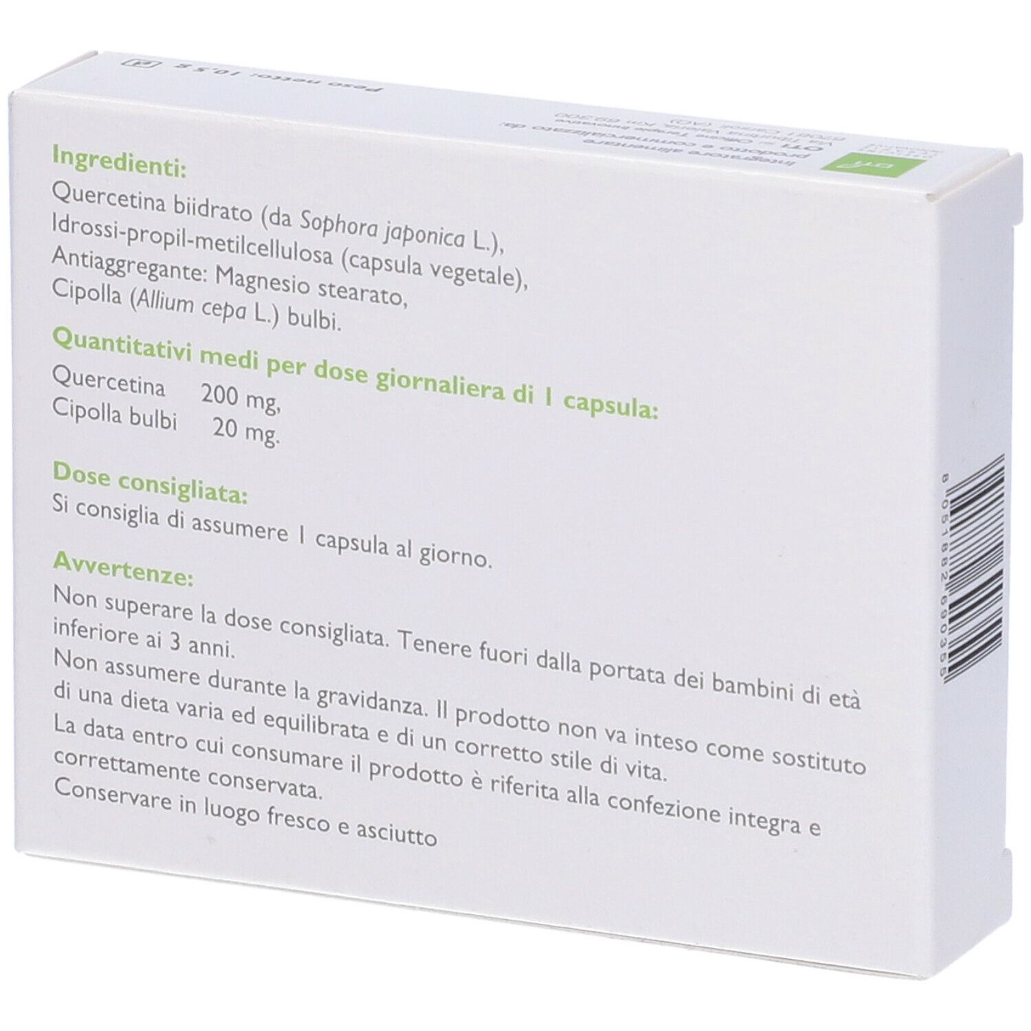 Retro della scatola di capsule di quercetina. Contiene ingredienti, dosaggio e avvertenze. Testo in italiano.