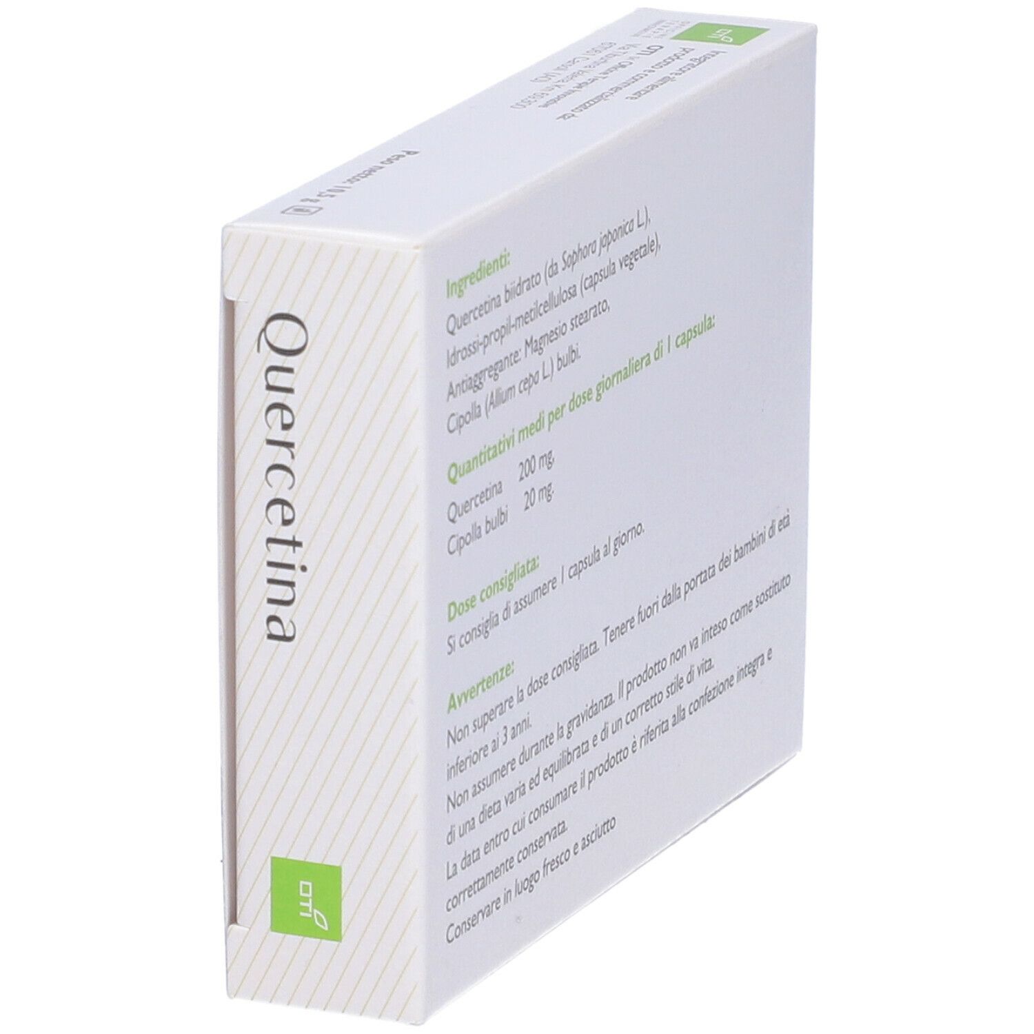 Scatola di capsule di quercetina, vista diagonale. Bianca con logo verde e nome del prodotto. Testo in italiano.