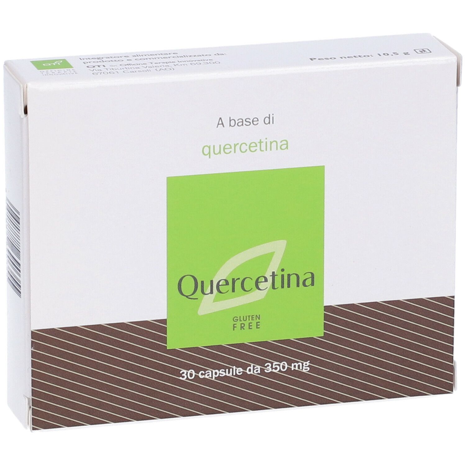 Scatola di capsule di quercetina. Design verde e bianco con nome del prodotto e logo « Gluten Free ». Contiene 30 capsule.