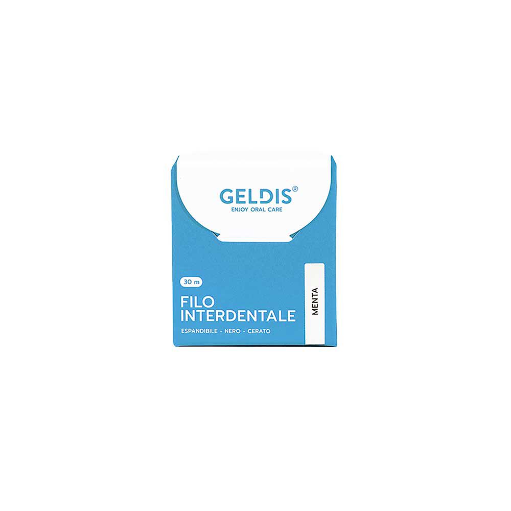 Blaue Schachtel mit "GELDIS"-Logo und "Filo Interdentale". "Menta" auf der Seite.