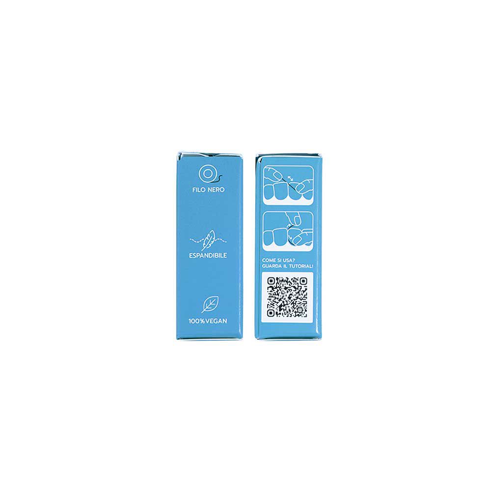 Blaue Schachtel mit "Filo Nero" und "Espandibile". Auf der Rückseite Anweisungen und QR-Code.