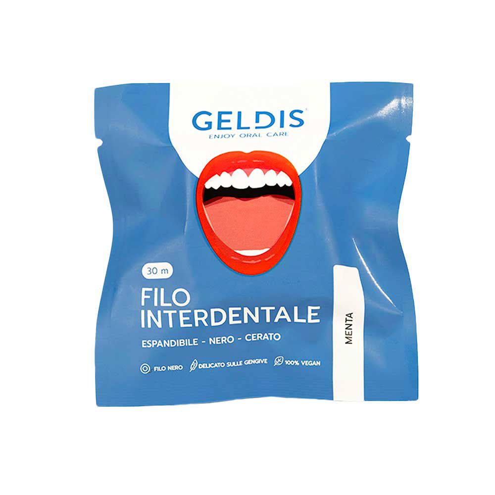 Blaue Verpackung mit "GELDIS"-Logo und "Filo Interdentale". Abbildung eines Mundes. "Menta" auf der Seite.