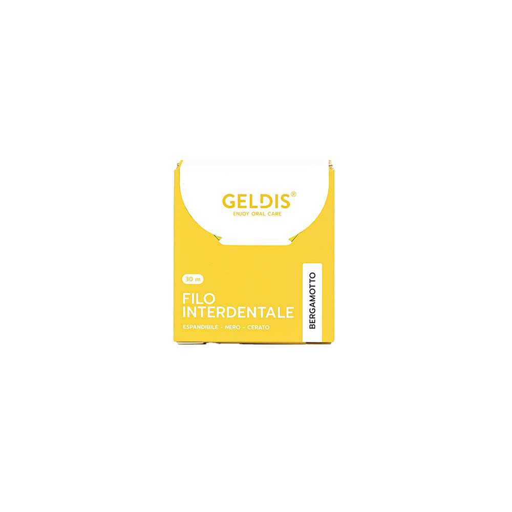 Gelbe Schachtel mit weißem Deckel. Enthält Filo Interdentale. Aufschrift: Bergamotto.
