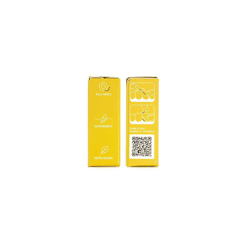 Gelbe Schachtel, Seitenansicht. Text: Filo Nero, 100% Vegan. Abbildungen und QR-Code.