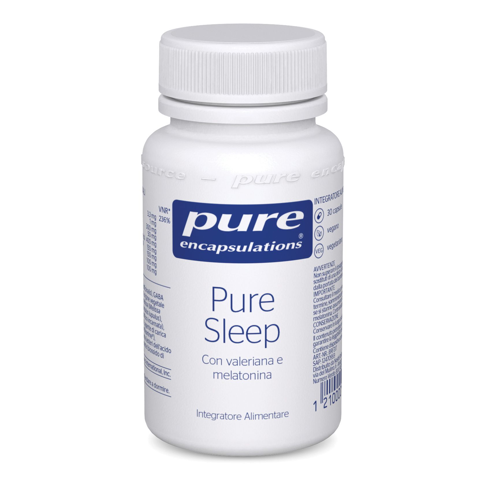 Flacone bianco di capsule. Scritta: Pure Sleep, con valeriana e melatonina. Marchio: Pure Encapsulations.