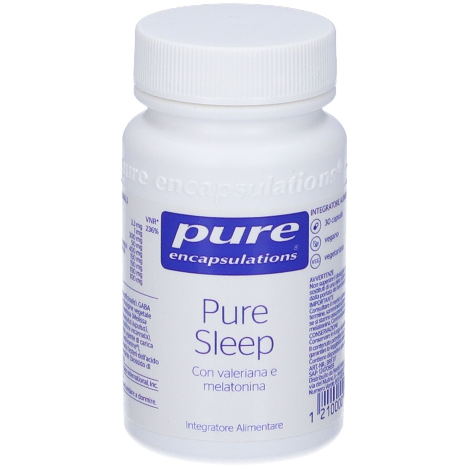 Flacone bianco di capsule. Scritta: Pure Sleep, con valeriana e melatonina. Marchio: Pure Encapsulations.