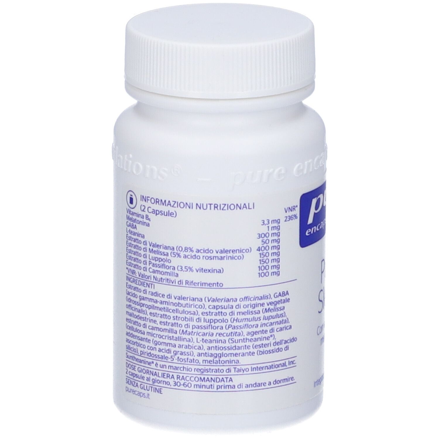 Retro di un flacone di capsule bianco. Elenco ingredienti e informazioni nutrizionali. Marchio: Pure Encapsulations.