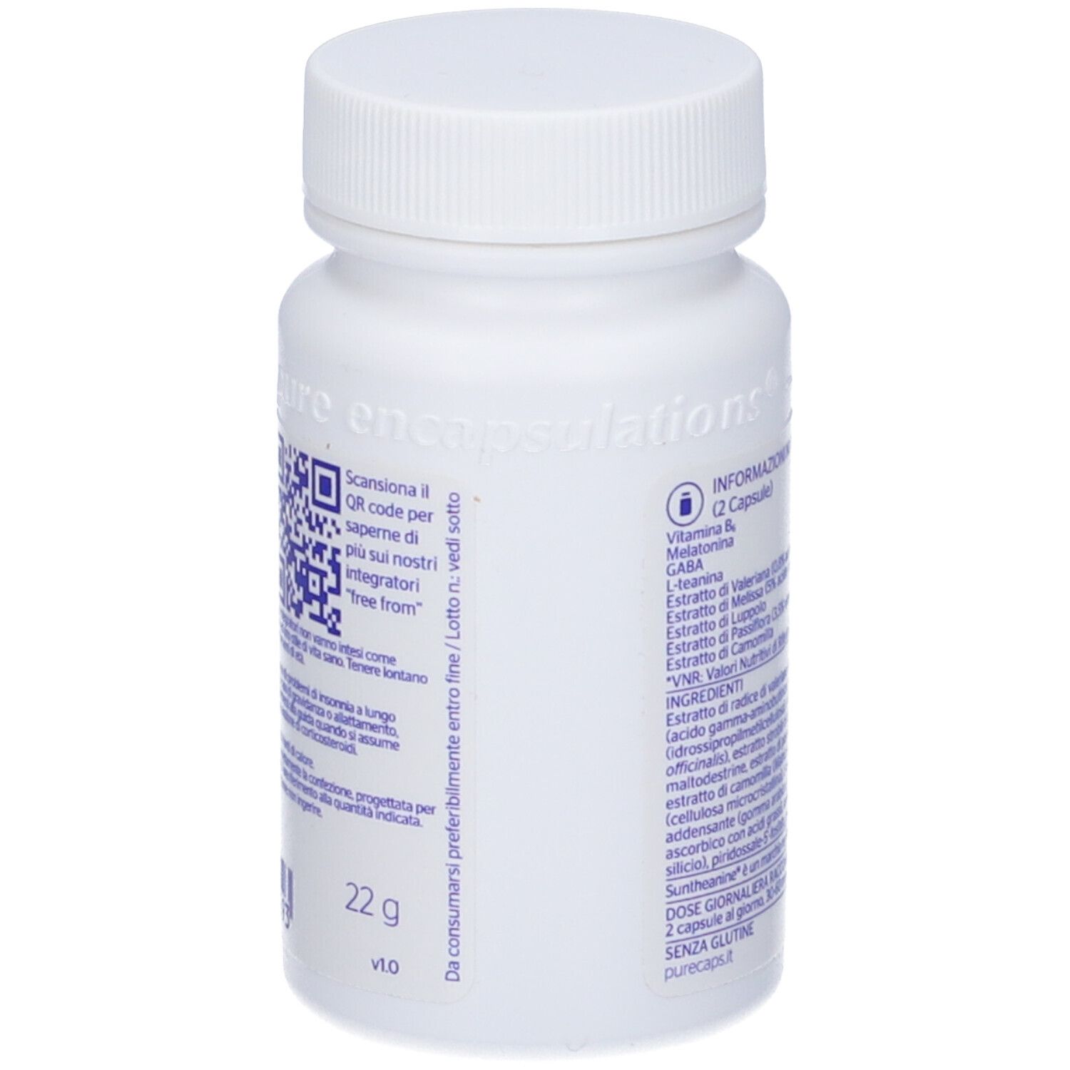 Retro di un flacone di capsule bianco. Codice QR e informazioni nutrizionali. Marchio: Pure Encapsulations.