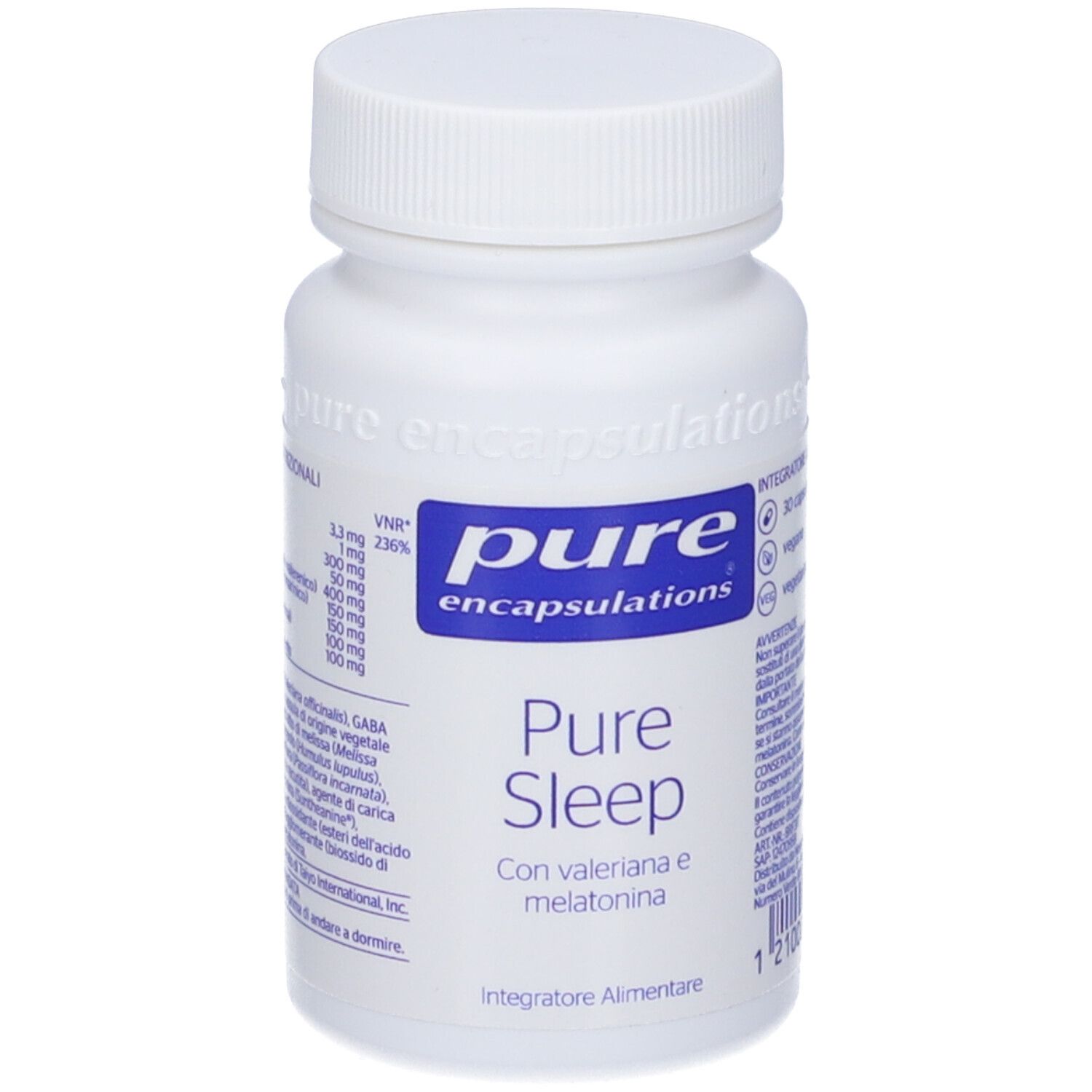 Flacone bianco di capsule. Scritta: Pure Sleep, con valeriana e melatonina. Marchio: Pure Encapsulations.