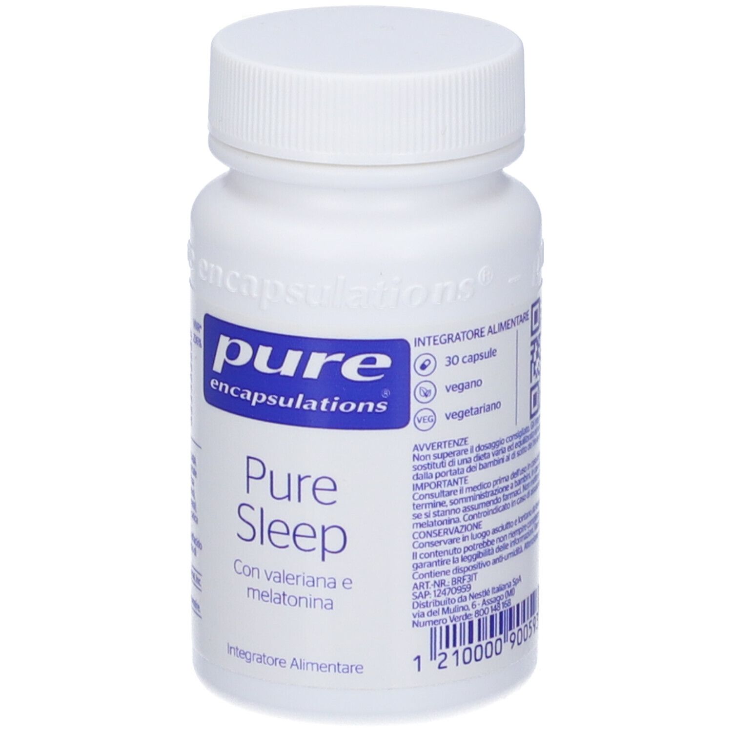 Flacone bianco di capsule. Scritta: Pure Sleep, con valeriana e melatonina. Marchio: Pure Encapsulations.