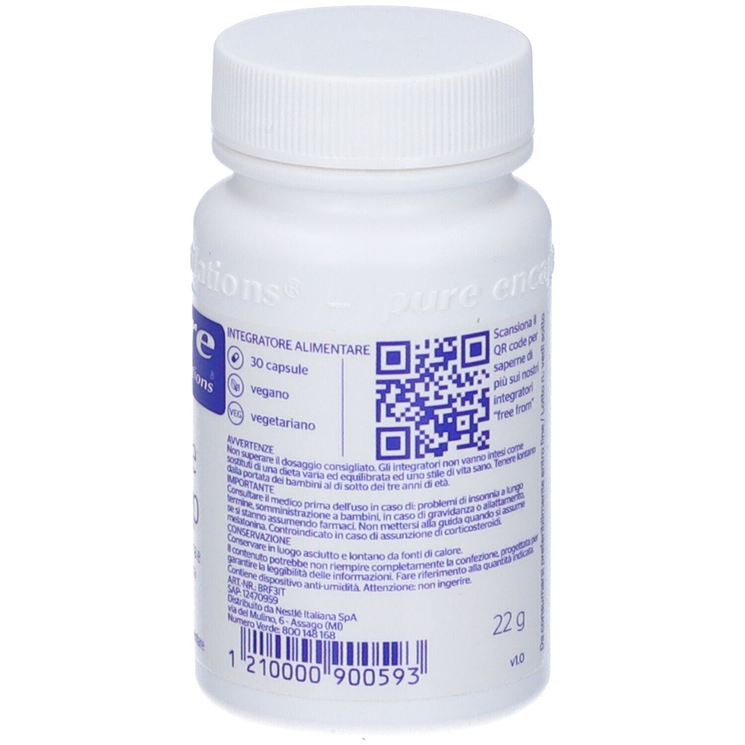 Retro di un flacone di capsule bianco. Codice QR e avvertenze. Marchio: Pure Encapsulations.