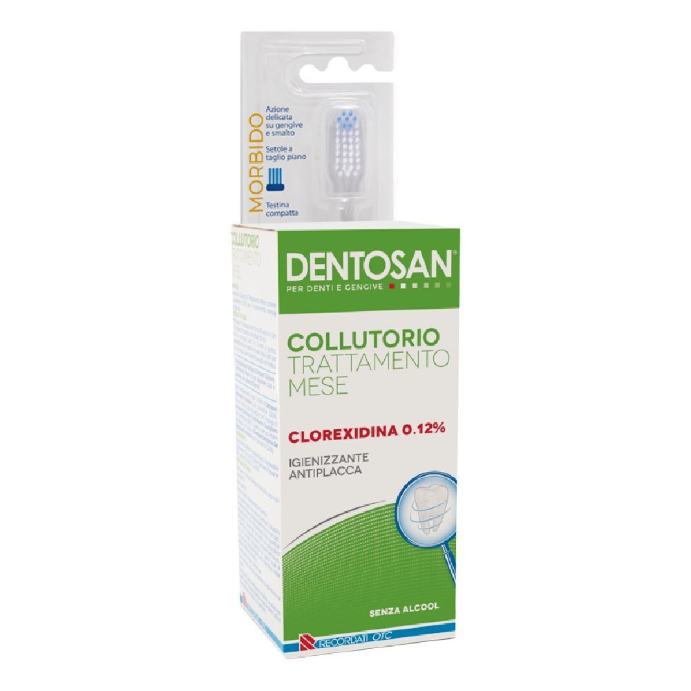 Confezione spazzolino e collutorio. Scritte: DENTOSAN, COLLUTORIO, CLOREXIDINA 0,12%. Setole morbide. Senza alcool.