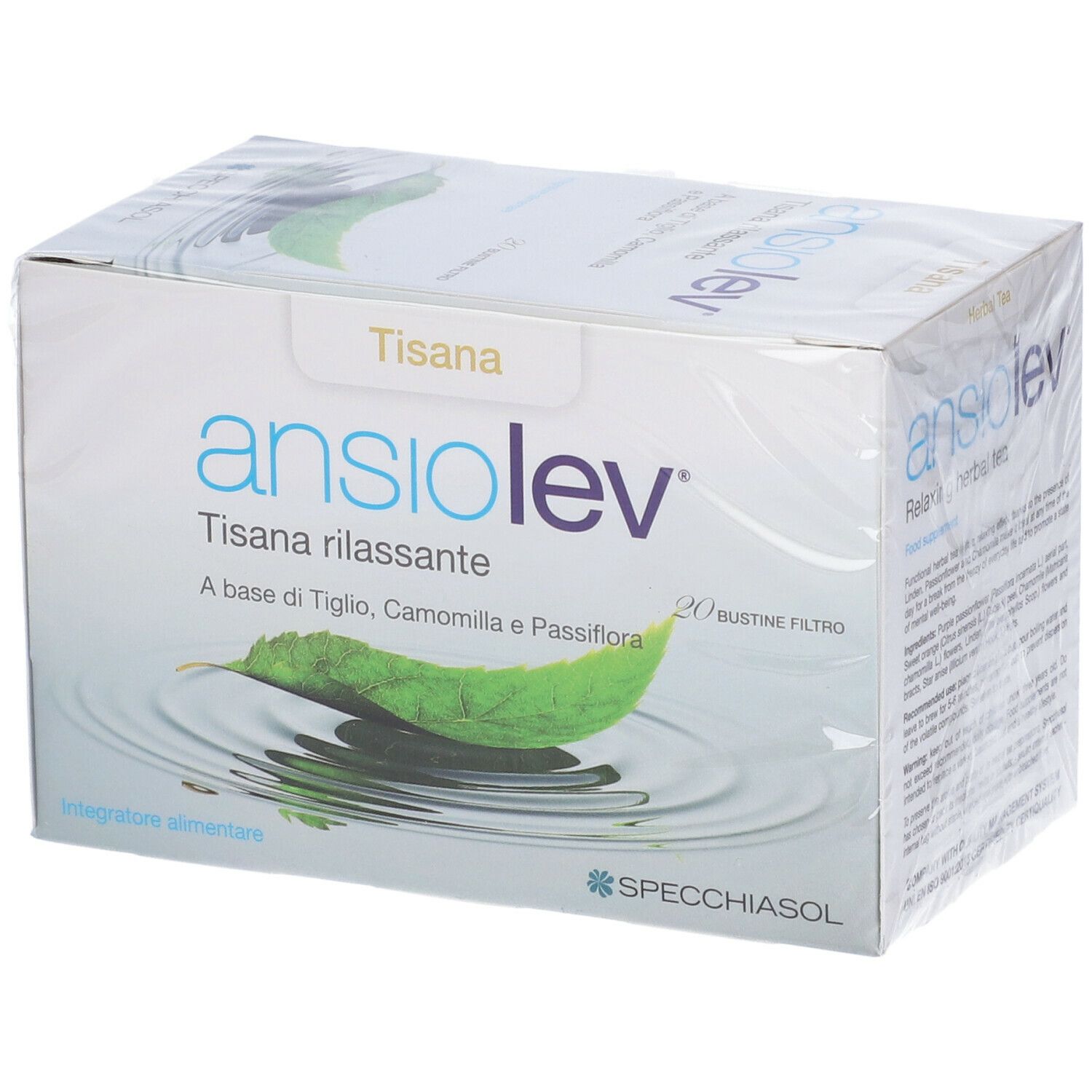 Scatola Ansiolev Tisana. Cartone bianco con nome e logo del prodotto. Confezione trasparente.