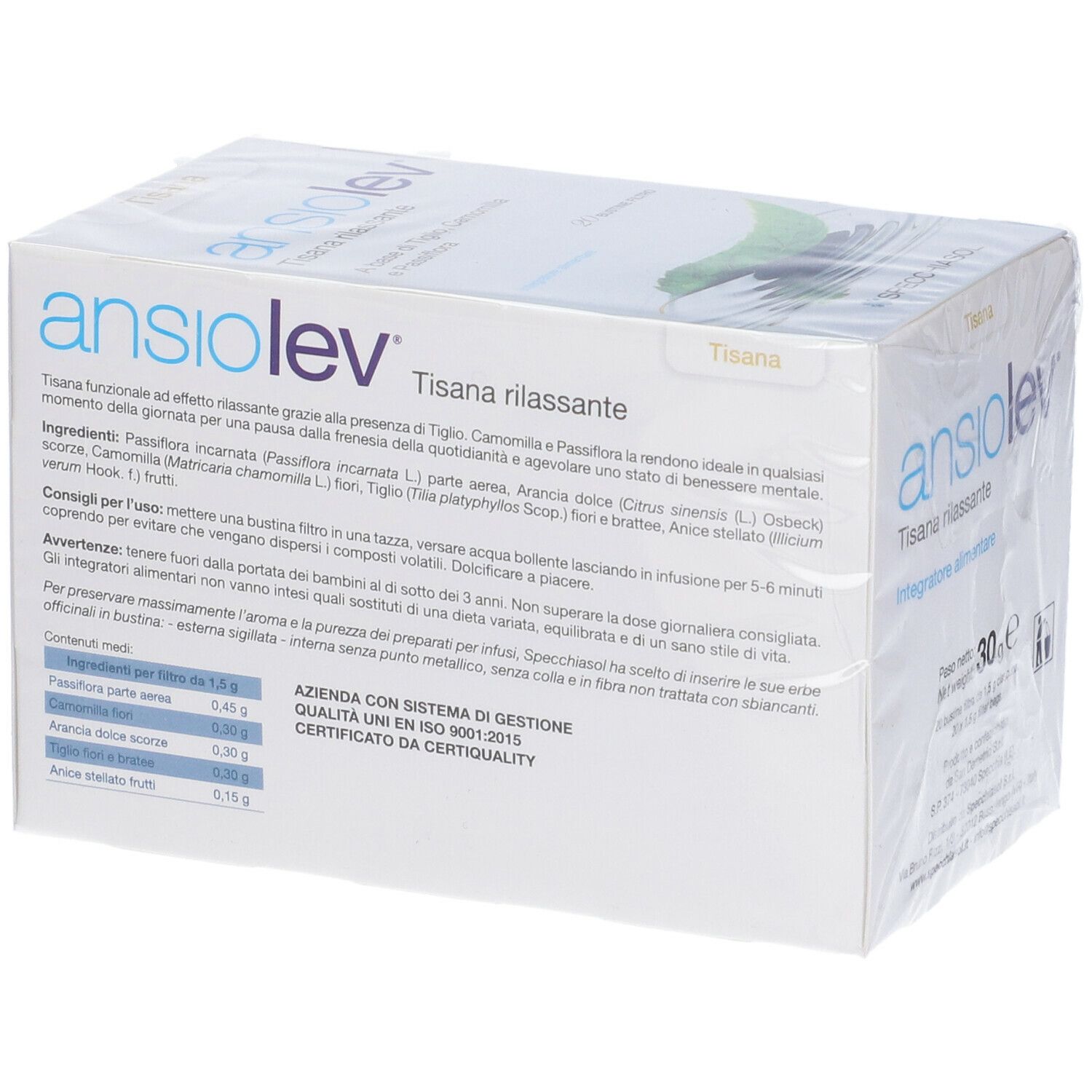 Scatola Ansiolev Tisana. Cartone bianco con informazioni e certificazione. Confezione trasparente.
