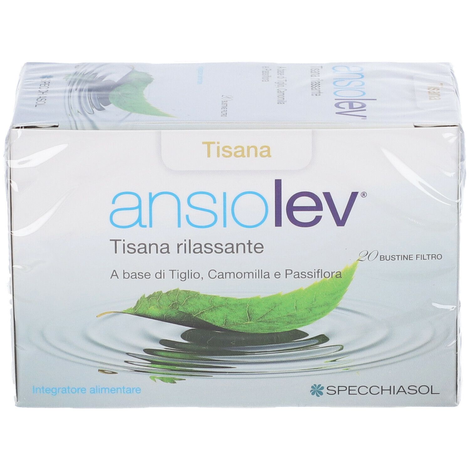 Scatola Ansiolev Tisana. Cartone bianco con nome e logo del prodotto. Confezione trasparente.