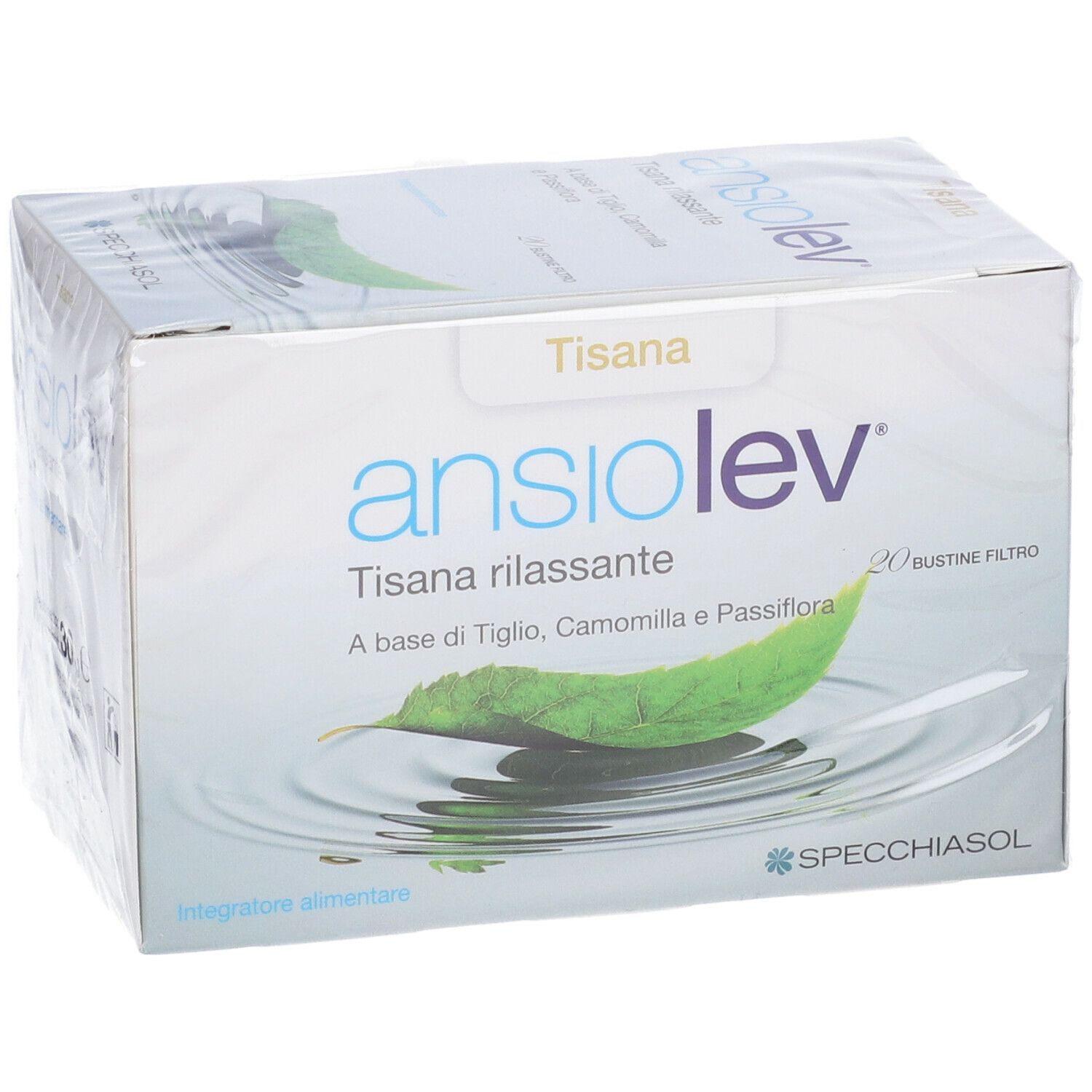 Scatola Ansiolev Tisana. Cartone bianco con nome e logo del prodotto. Confezione trasparente.