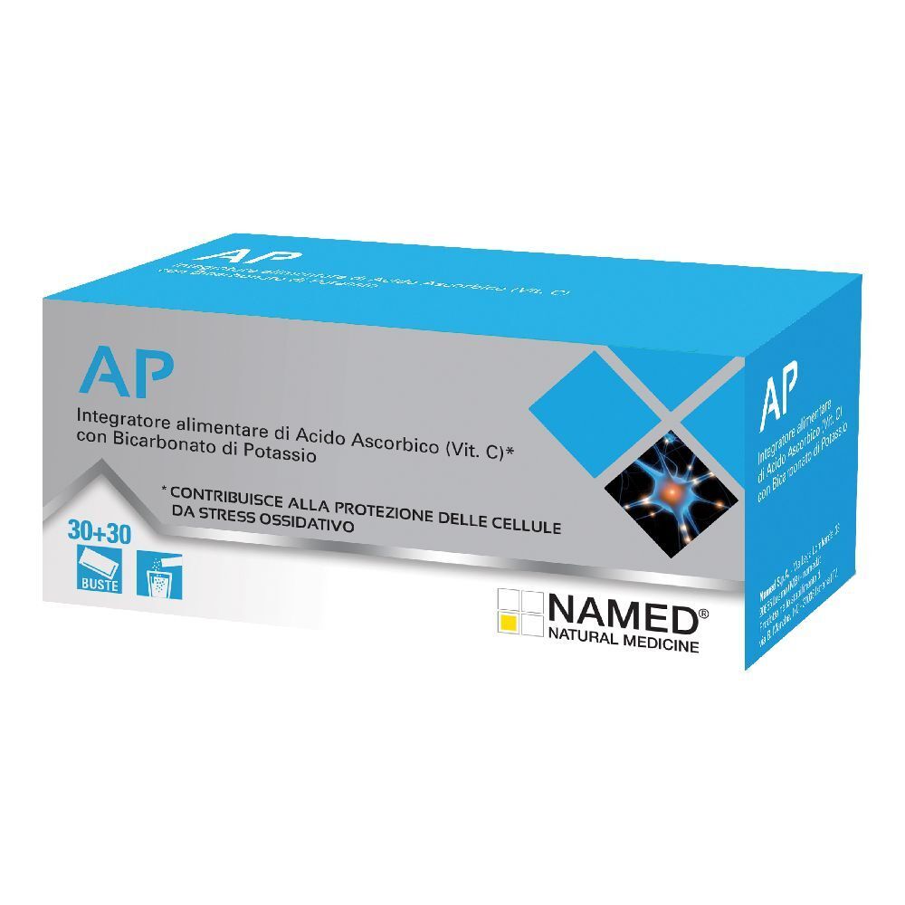 Scatola blu e bianca con logo "AP" e testo. Contiene 30+30 bustine. Logo "NAMED Natural Medicine".