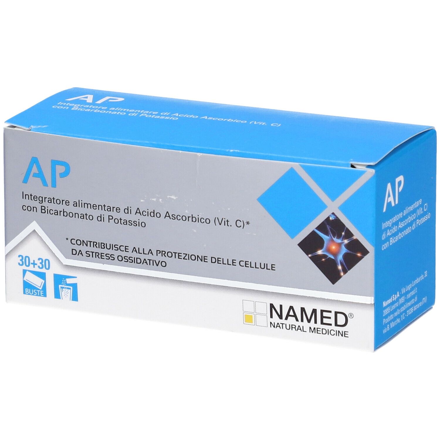 Scatola blu e bianca con logo "AP" e testo. Contiene 30+30 bustine. Logo "NAMED Natural Medicine".