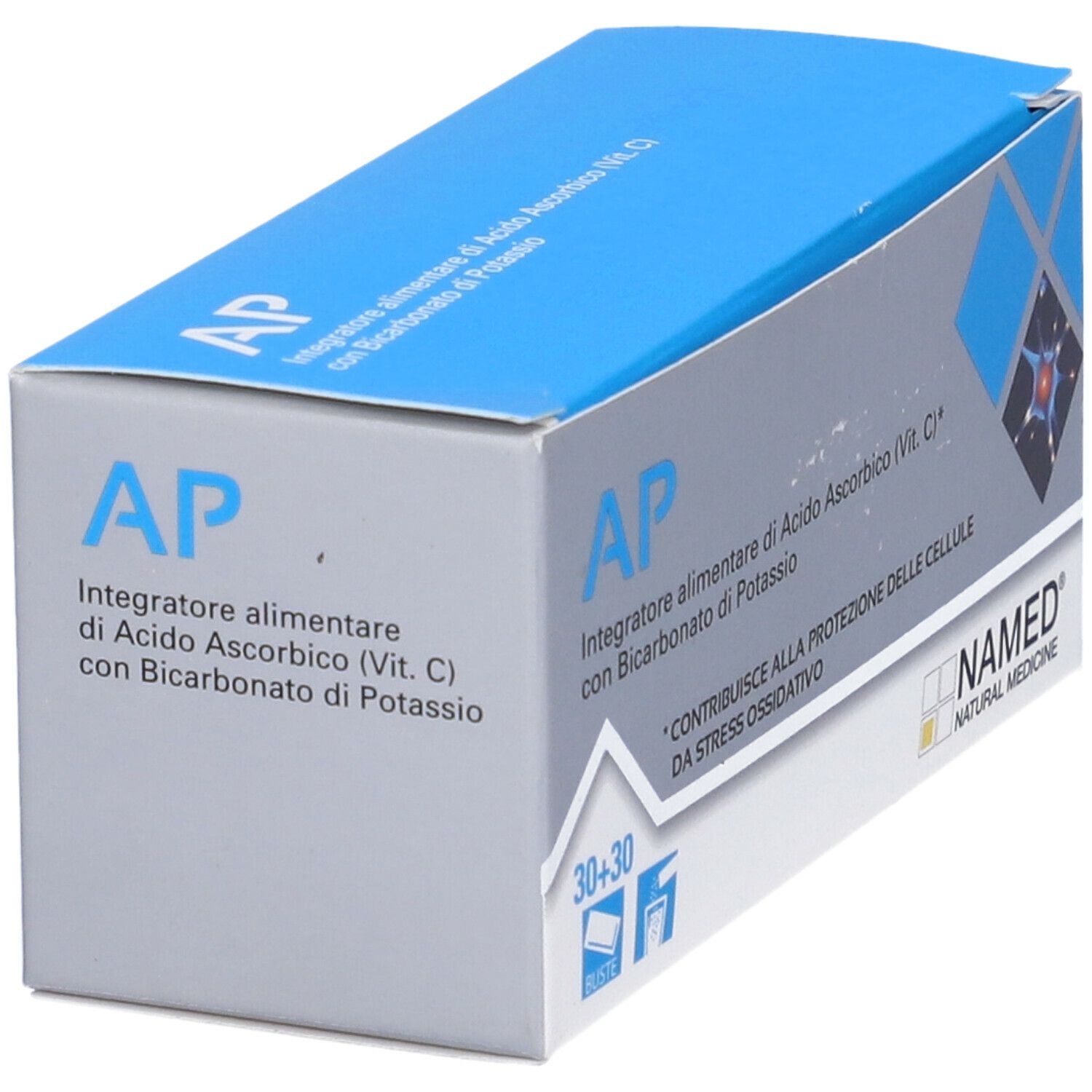 Scatola blu e bianca con logo "AP" e testo. Contiene 30+30 bustine. Logo "NAMED Natural Medicine".