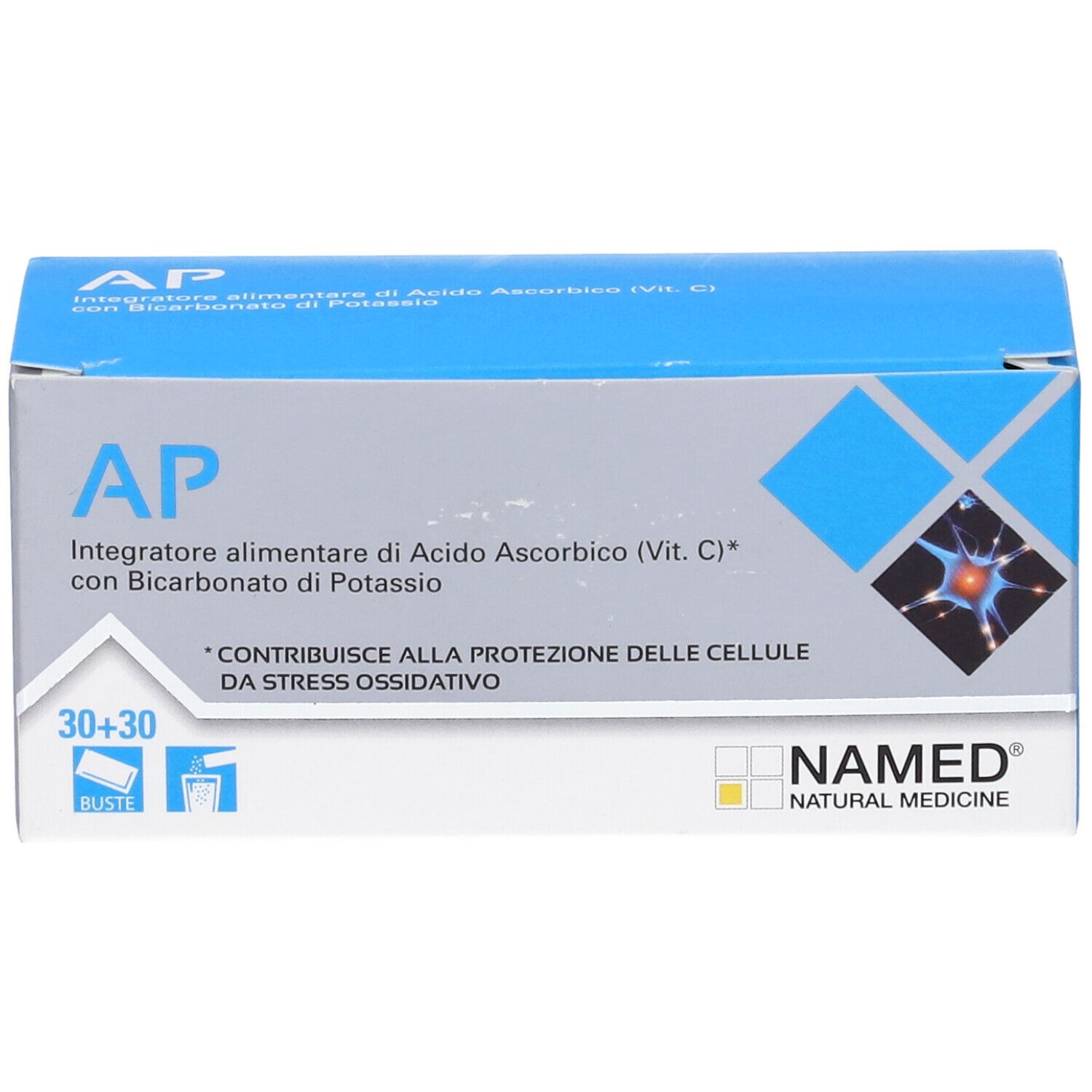 Scatola blu e bianca con logo "AP" e testo. Contiene 30+30 bustine. Logo "NAMED Natural Medicine".
